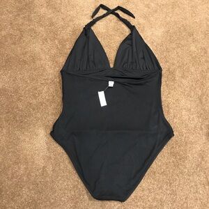 OLD NAVY Swimsuit XXL Bathing Suit  Bodysuit Halter Tie Black Ruched sid…